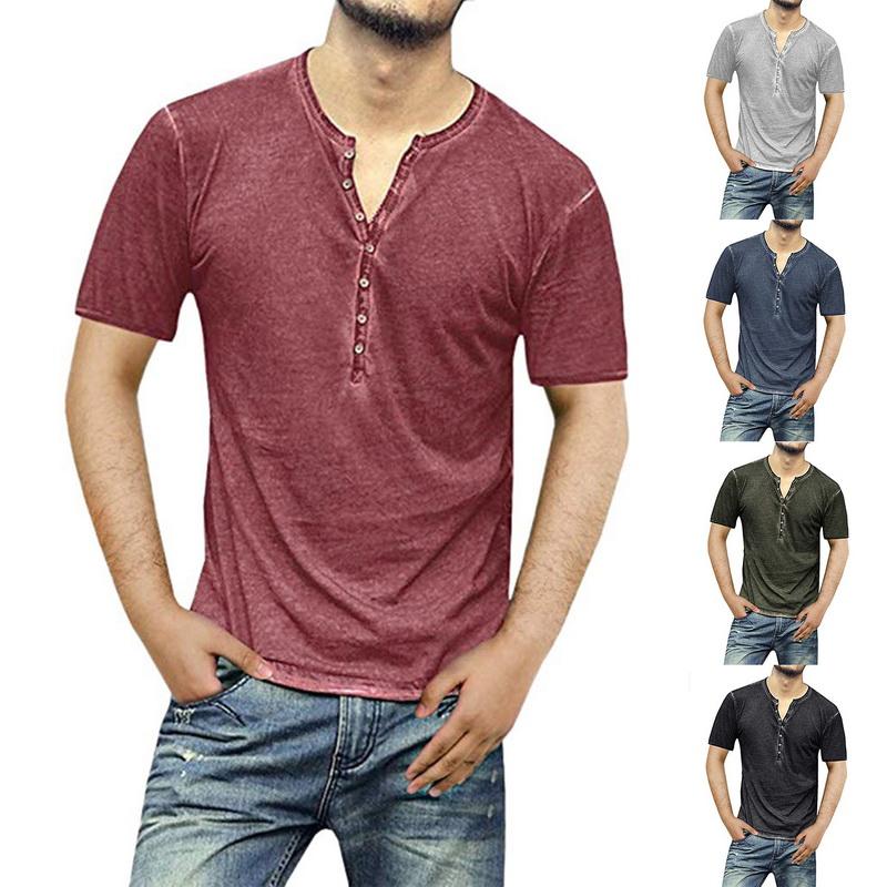

Men's T-Shirts SHUJIN Men Top Moisture-wicking Short Sleeve T-shirt Solid Color Casual V Neck Thin Buttons Male Clothing, Gray