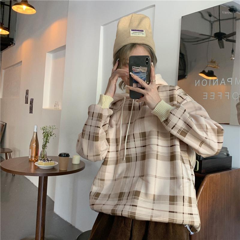 

Autumn And Winter Retro Wild Plaid Loose Fake Two-piece Stitching Hooded Thickened Sweatshirt College Style Women' Hoodies & Sweatshirts, Beige