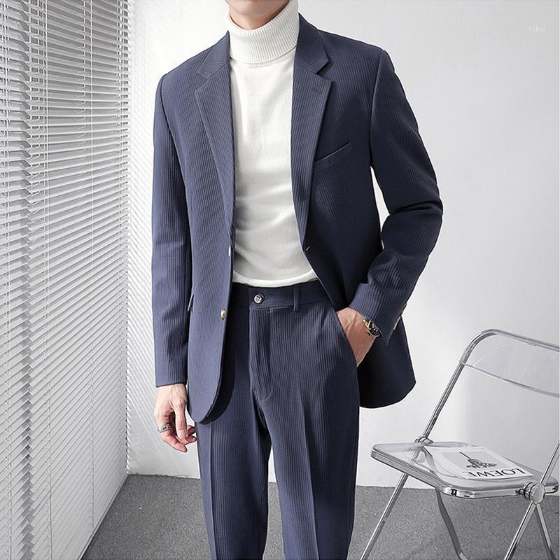 

Men's Suits & Blazers Autumn Winter Stripe Blazer Men Casual Korean Fashion Slim Suit Coat Man Business Office Dress Male, Black