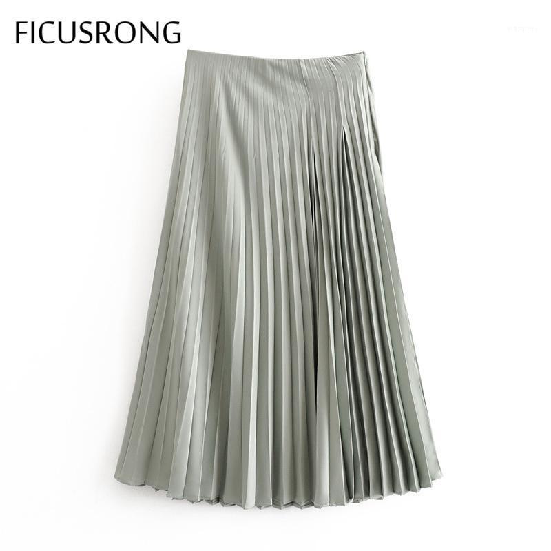 

Skirts 2022 Women Spring Summer Pleated Skirt Lady Silk Satin Solid Casual Mid-calf FICUSRONG, Green