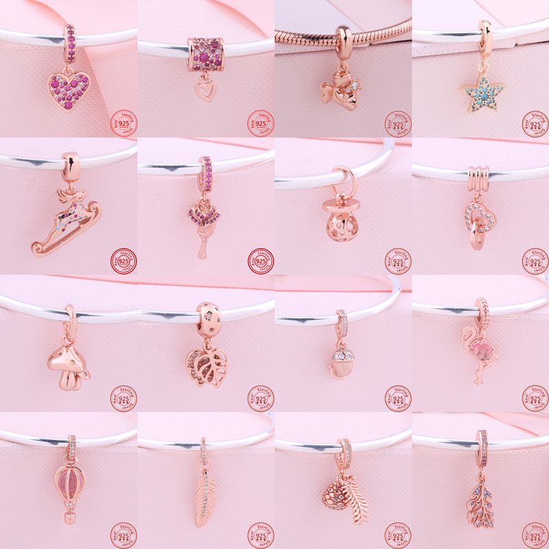 

925 Sterling Silver Dangle Charm New Rose Gold Series Heart Flower Dreamcatcher Love Pendant Beads Bead Fit Pandora Charms Bracelet DIY Jewelry Accessories