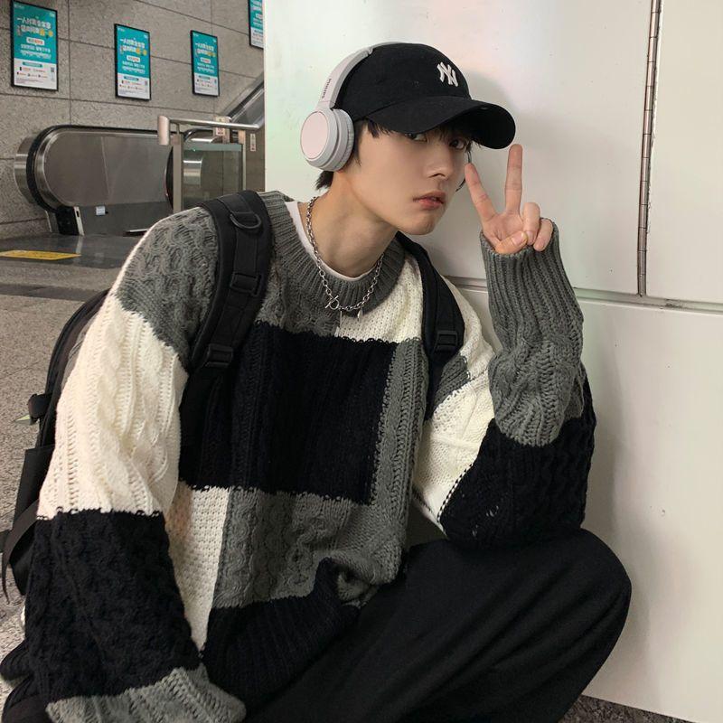 

Men' Sweaters Sweater Men Women Autumn Winter Color Matching Plaid O-neck Loose Knit Coats Korean Fashion Thickening Casual Trend Man Cloth, Black