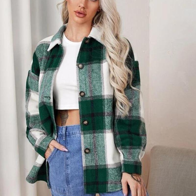 

Women' Blouses & Shirts QINJOYER Women Plaid Long Sleeve Autumn Winter Button Up Shirt Tunic Loose Casual Tops And, Khaki