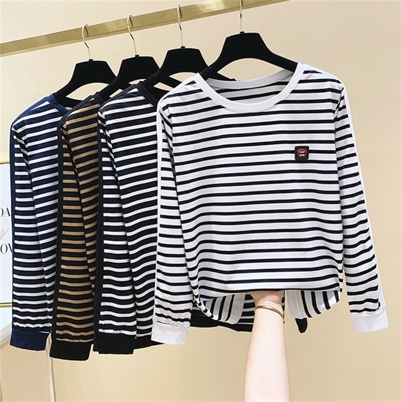 

gkfnmt Korean Style Women T-Shirt Plus Size 4XL Long Sleeve Striped Cotton Tshirt Tops Autumn Winter T Shirt Femme Clothing 220401, Khaki