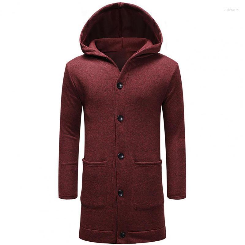

Men's Trench Coats Hoodie Coat Jacket Cardigan Long Sleeve Buttons Closure Male Mid-Length Hooded Two Pockets Viol22, Red