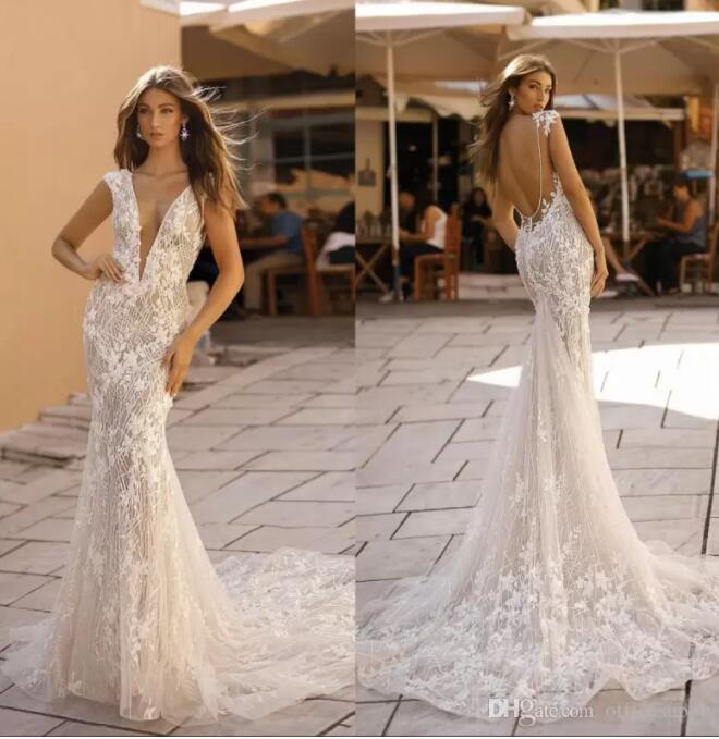 Plongeant V couche Robes de mariée sirène paillettes Appliques Sweep Train Backless Beach Bridal Bridal Robe de Marie 2022 B0611 S12