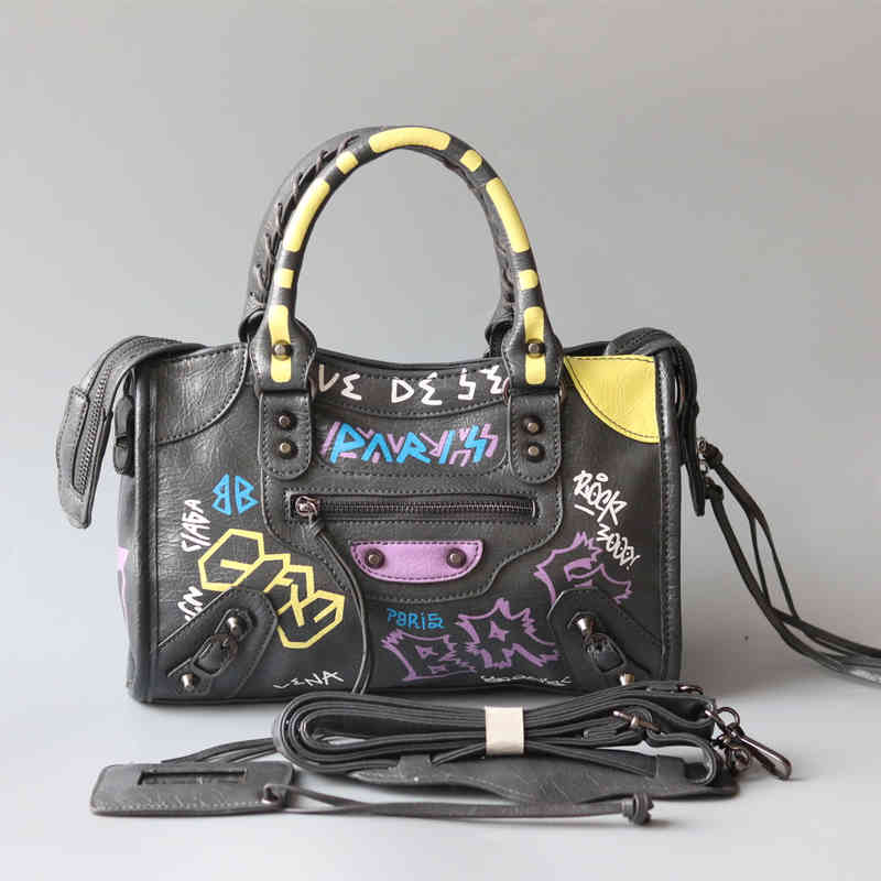 

Paris Classic Studs Tassels Graffiti Totes Motorcycle Bag Rivets Matte Corrugated Handbag for Women Messenger Purse, Yellow