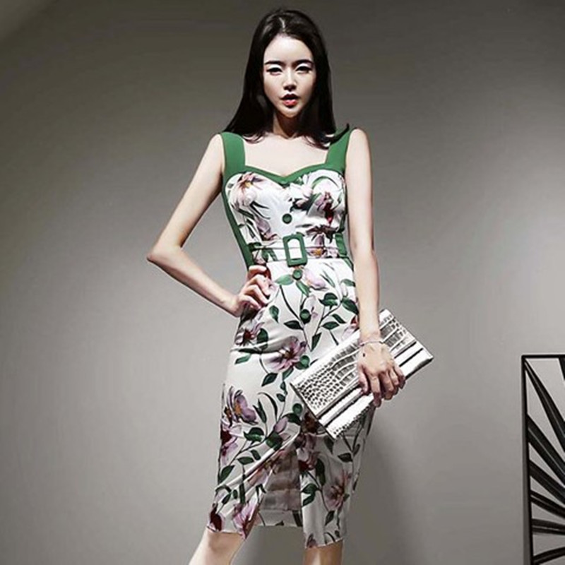 

ZAWFL Summer Sexy Women Office Party Green Floral Print Sleeveless Strap Single Breasted With Belt Dresses 210525, Picture color
