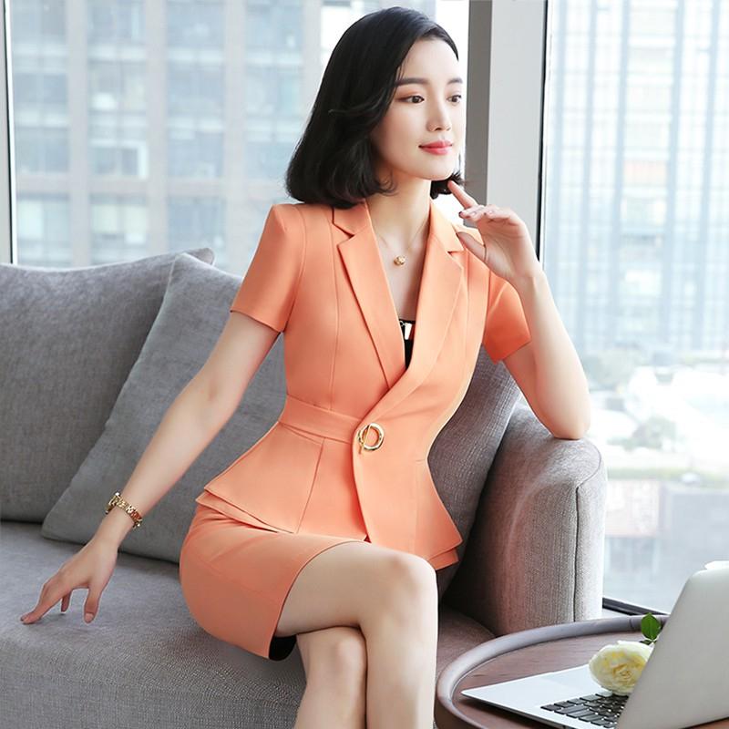 

Two Piece Dress Summer Short Sleeve Elegant Orange OL Styles Ladies Office Work Wear Blazers Set With Skirt And Tops Female Business
