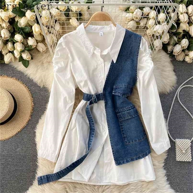 

Korean White Shirt Suits Women Spring Irregular Retro Denim Vest and Ruched Puff sleeve Loose Two piece Sets 210602