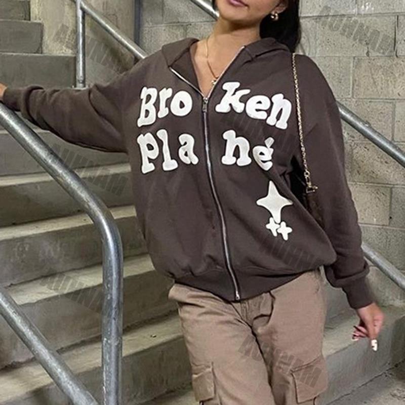 

Women' Hoodies & Sweatshirts Foam Print Sweatshirt Woman Zip Up Hoodie Y2k Goth Sport Coat Gothic Long Sleeve Harajuku Vintage Clothes Jack, Dark brown