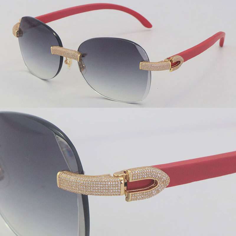 

New Micro-paved Diamond Set Rimless Red Wooden Womans Sunglasses Wood Rocks Frame Male and Female Sun Glasses Mens 18K Gold C Decoration Frames 3.0 Thickness Lens UV400