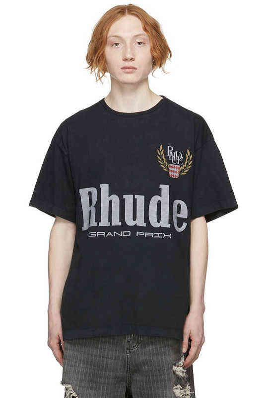 

Brand Designer t Shirt 1:1 Version Rhude Grain Letters Print T-shirt Men Women Couple 100% Cotton Hip Hop High Street Oversize Tee, Black