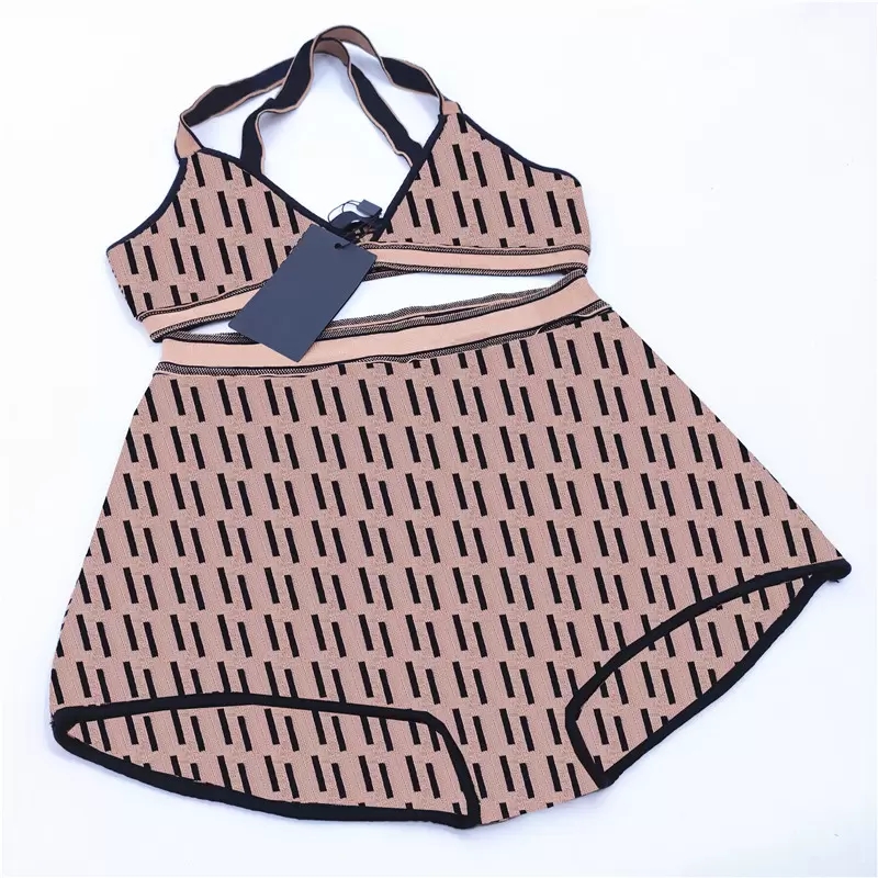 

Stylish Letter Knitted Swimsuit Seaside Cross Strap Beachwear Textile Women Summer Knitting Elastic Split Luxury F Bikini Set Bathing Suit, As picture