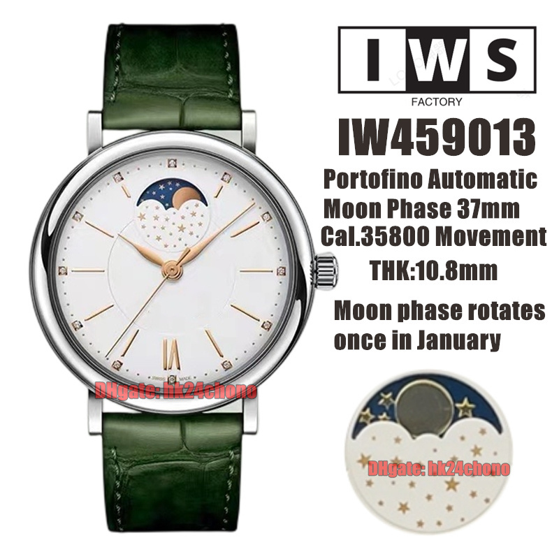 

IWSF Top Quality Watches 37mm Stainless Steel Moon Phase Cal.35800 Automatic Womens Watch 459013 White Dial Leather Strap Ladies Wristwatches, Vip