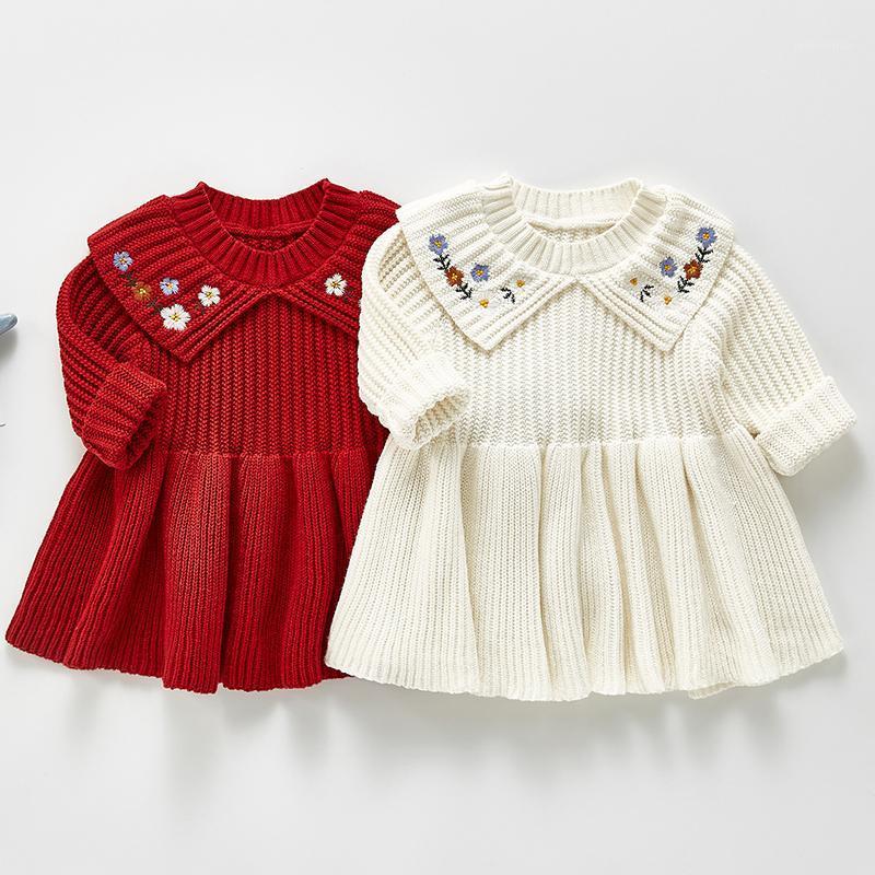 

Girl's Dresses Spring Autumn Toddler Baby Girls Flower Embroidery Lovely Princess Knitting Dress Kids Party Children Clothing, 211q01 white