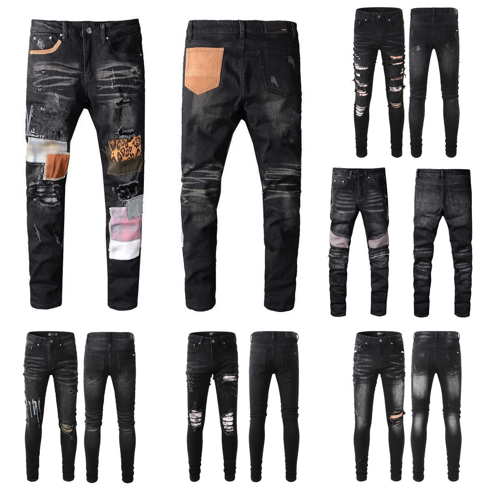 Jeans noirs déchirés pour hommes, coupe skinny, déchirés en détresse pour hommes, pantalons déchirés, patchwork endommagé, longue fermeture éclai