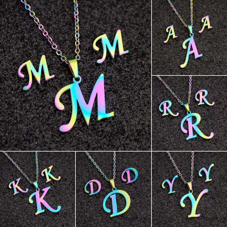 

Earrings & Necklace Colorful 26 English Letter A-Z Pendant Charm Clavicle Chain Stud Stainless Steel Jewelry SetEarrings, As pic