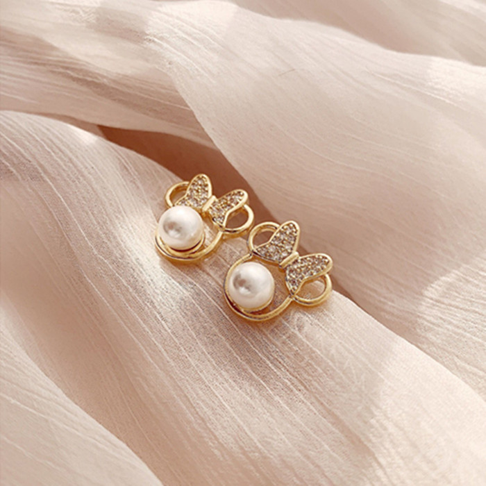 

Hot Selling Bowknot Butterfly 925 Silver Needle Stud Earrings Small Pearl Cute Little Fragrant Mouse Rhinestones Earrings