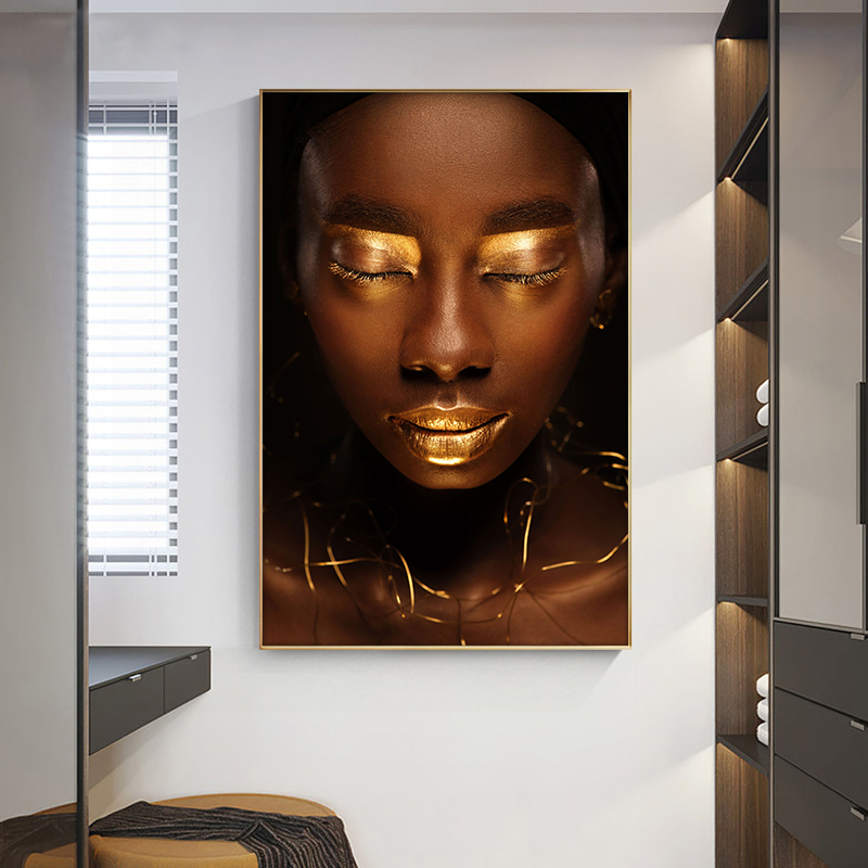 

Gold Lip Nude Black African Art Portrait Canvas Painting Posters and Prints Scandinavian Wall Art Picture for Living Room Decor