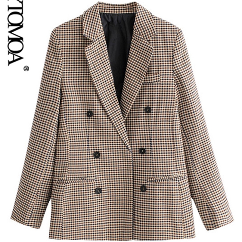 

KPYTOMOA Women Fashion Office Wear Double Breasted Check Blazers Coat Vintage Long Sleeve Pockets Female Outerwear Chic Tops 220402, As picture