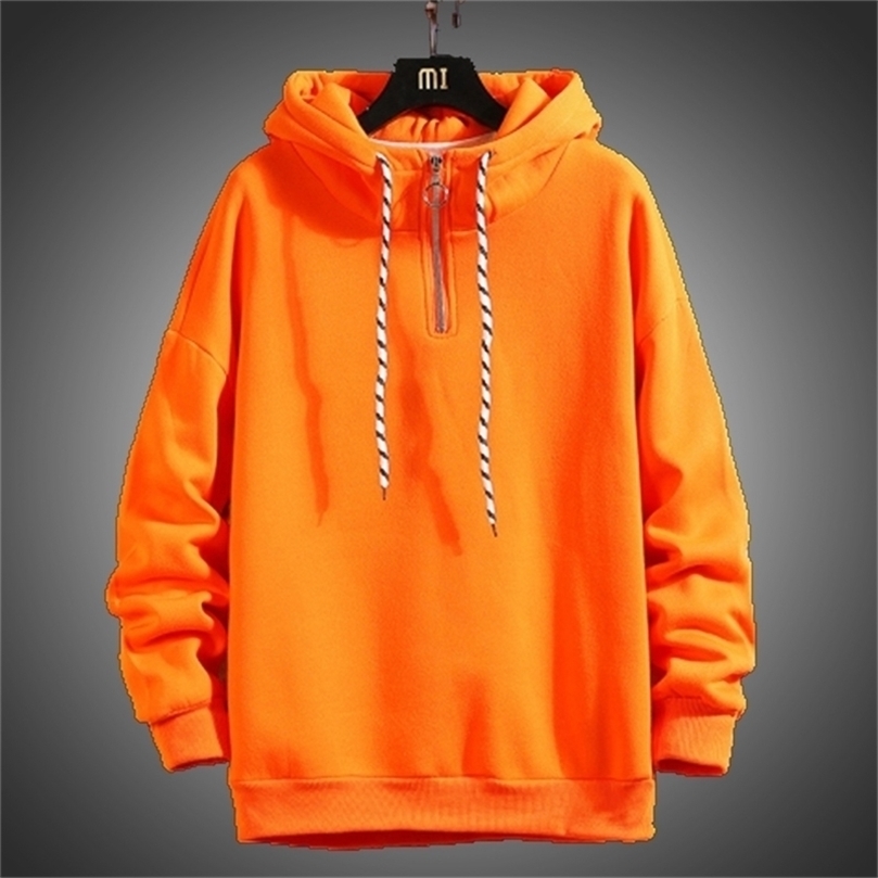 Automne hiver épais hommes streetwear sweats à capuche couleur pure sweats à capuche orange pull chaud polaire sweats à capuche hommes mode tops