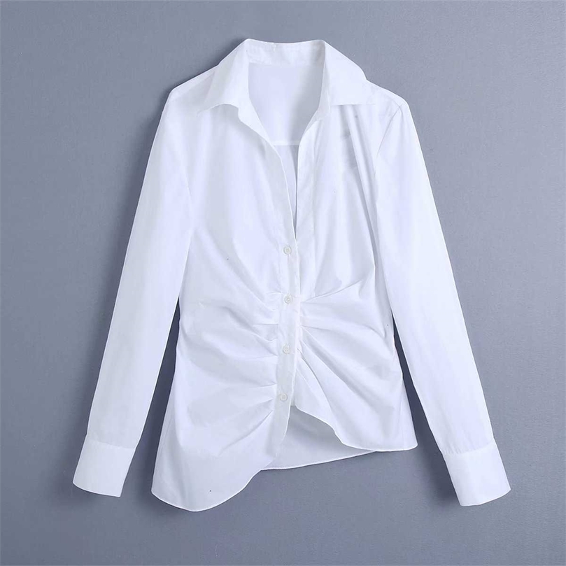 

Women Pleated Shirt Irregular hem Long Sleeves Elegant Fashion Chic Lady Woman Blouse Shirt Tops Femme Mujer blusas 210709, White