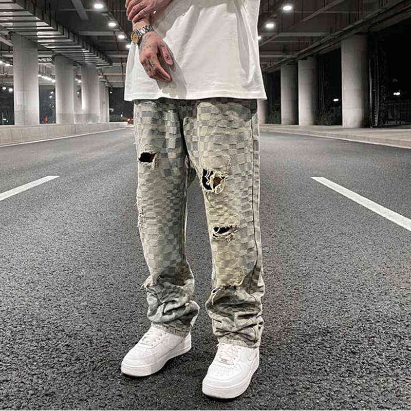 

Retro Hole Harajuku Washed Distressed Plaid Jeans Pants for Men and Women Straight Casual Ripped Oversized Denim Trousers T220803, Beige