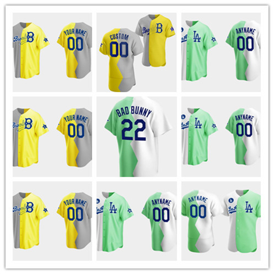 

2022 All-Star Celebrity Softball Game Baseball Jerseys 22 Bad Bunny 16 Andre Ethier 15 Shawn Green26 Joel McHale 23 JoJo Siwa 2 Bryan Cranston LA Brooklyn
