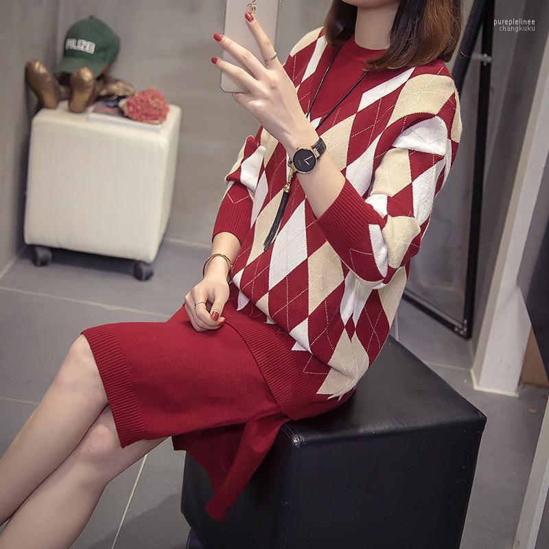 

Winter Widening Knitted Long Sleeve Two-piece Dress Women's Base Skirt Knee Fashion Suit Tracksuits, Ivory