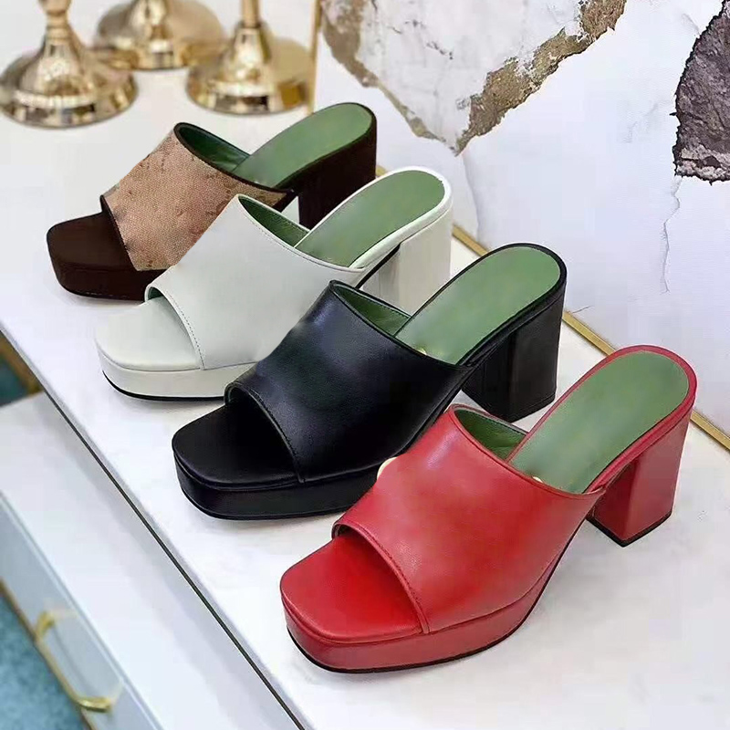 

Classic buckle slippers Luxury Designers Thick heel platform sandals top quality genuine leather womens shoes 9CM High heeled Square head Large size slipper 4-11, Red