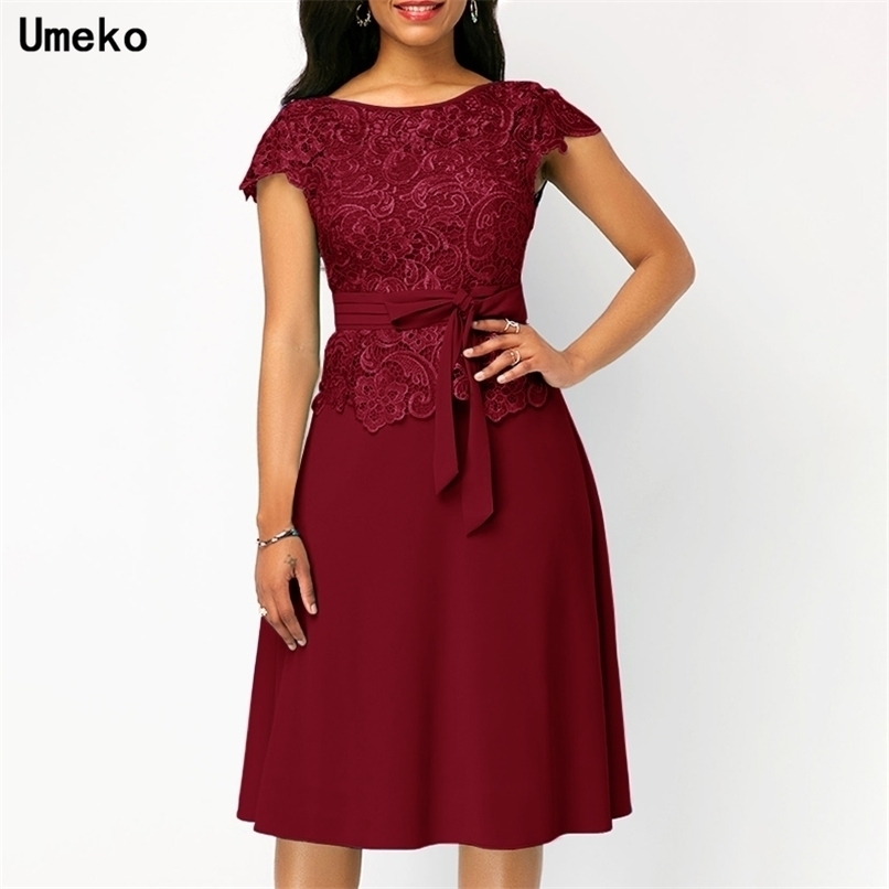 Summer Elegant Women Fashion Bow Lace Patchwork Maxi Dress with Belt Short Sleeve Knee Pure Solid Knee Length Party Dress 220611
