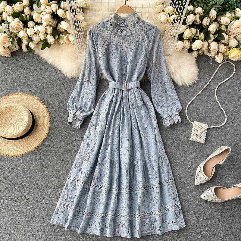 

Mesh Patchwork Slim Waist Sexy Hollow Out Lace Dress Oneck Elegant Femme Vestidos Solid Color Fashion Dresse 210601, Beige