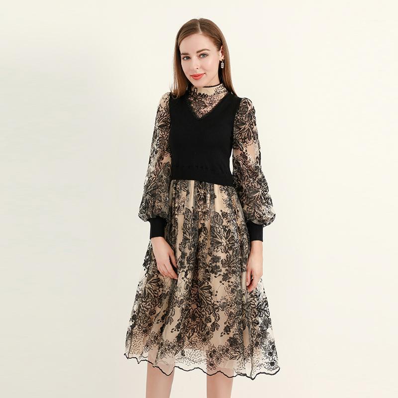 

Casual Dresses MIUXIMAO 2022 Autumn Women' Clothing Stand Collar Long SleeveKnitted Mesh Sequin Printing Slim Dress Fashion Elegant, Black