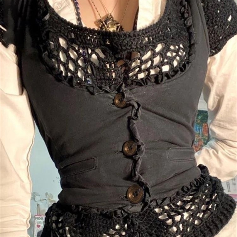 

Jacuqeline Y2K Clothes Ruffle Tank Tops Women Button Racerback Fairy Grunge Vest Vintage Crop Harajuku Gothic Preppy Corset 220318, Black bare chest