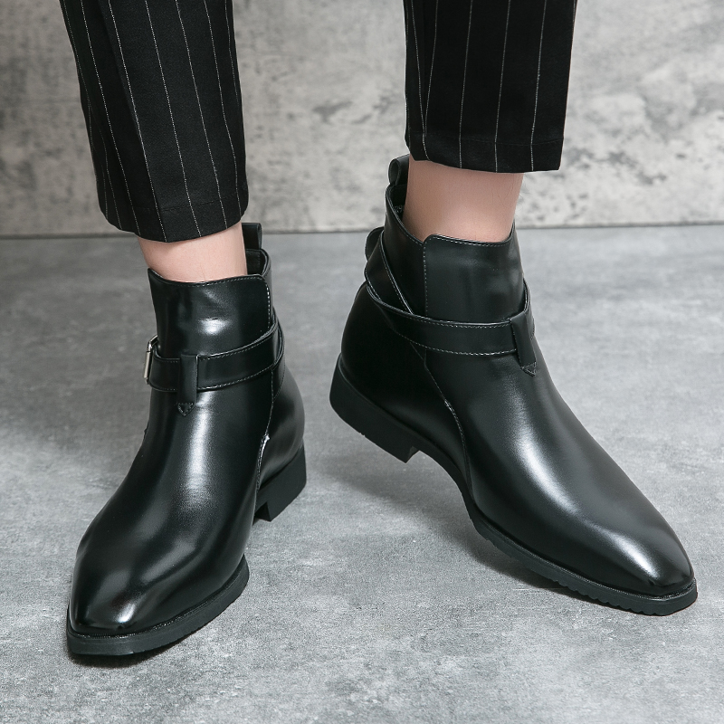 

Fashion Chelsea Boots Men Shoes Top Quality Loop Belt Buckle PU Leather Comfortable Breathable Ankle Casual Zapatos De Hombre DH891, Clear