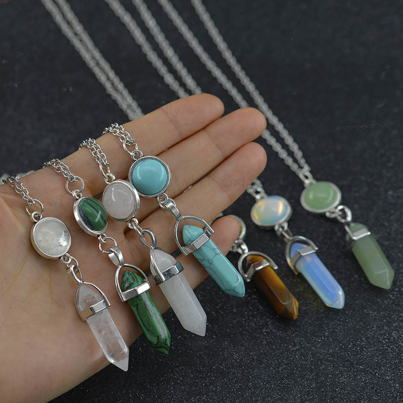 

Natural Stone Bullet Healing Point Pendant Necklaces Tiger Eye Turquoise Aventurine Crystal Stone Quartz Hexagonal Necklace for Women Fashion Jewelry Gift