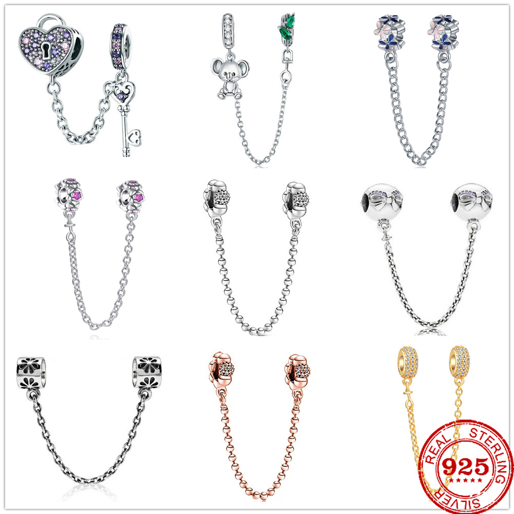 

925 Sterling Silver Dangle Charm New Safety Chain Love lock Angel Koala Flower Beads Bead Fit Pandora Charms Bracelet DIY Jewelry Accessories