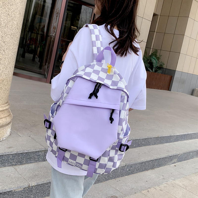 

Brand Ins niche fashionable women backpack Female chess and card grid student Backpacks High capacity high school bag 914#, Blue