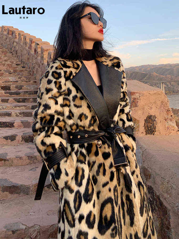 

Lautaro Winter Long Leopard Print Warm Fluffy Faux Fur Trench Coat for Women Long Sleeve Double Breasted European Fashion 2021 T220810