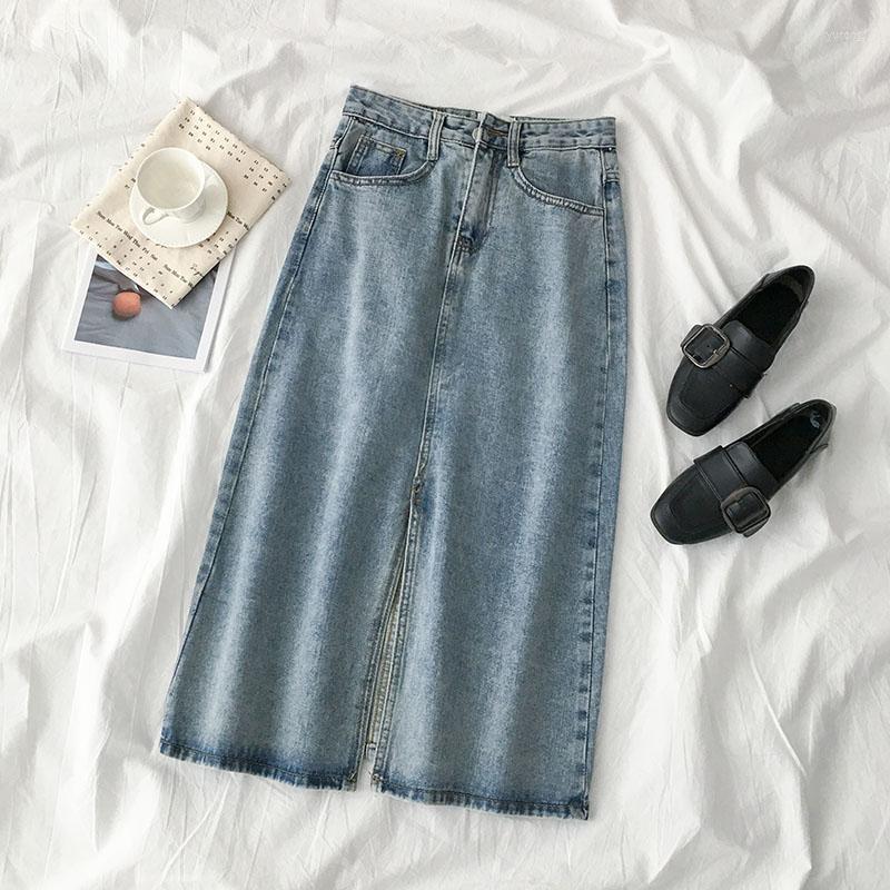 

Skirts Women Fashion High Waist Cotton Jean Skirt Sexy Split Bleached Bodycon Denim Female Casual Washed Midi, Blue