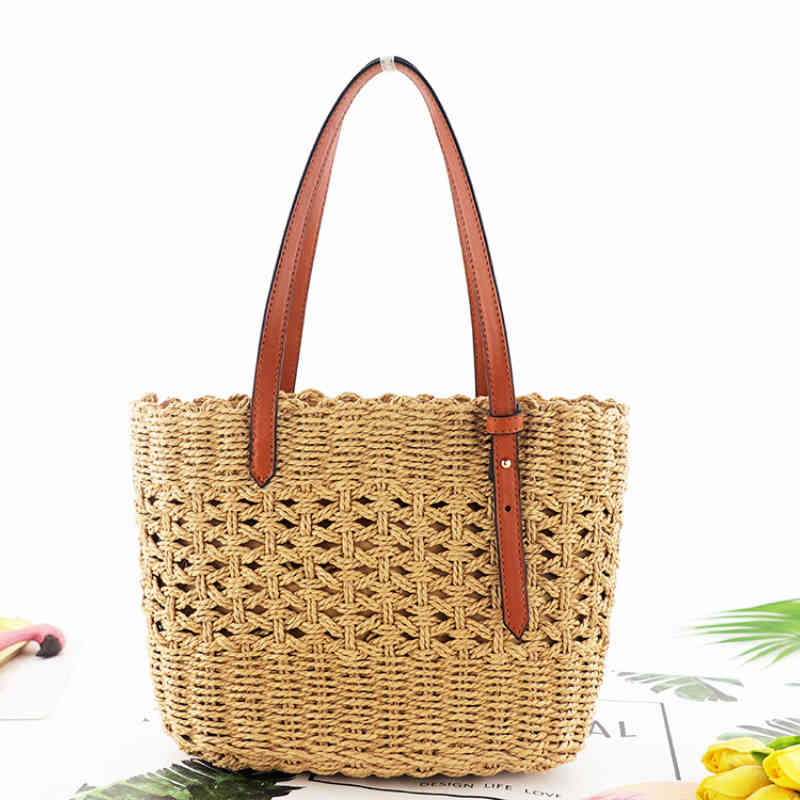 

Hollow Out Paper Rope Straw Woven Bag Leisure Fashion One Shoulder Beach Bag Simple and Generous Woven Women's Bag 220614, Light curry color