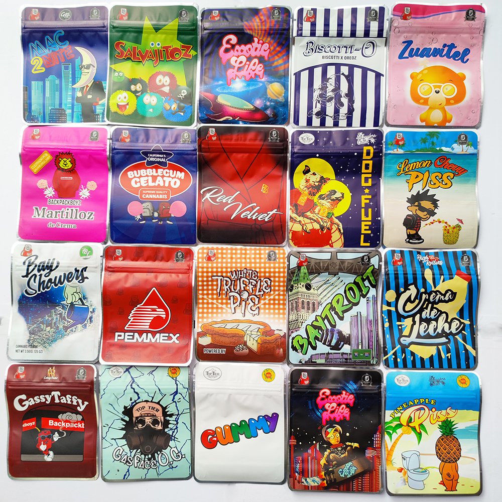 

50 Kinds Backpack Boyz Backpackboyz cookie 3.5 g Packs mylar bag Resealable Smell Proof zipper Bags sweet potato pie tien gummy Cap Child proof Dry Flower Packaging
