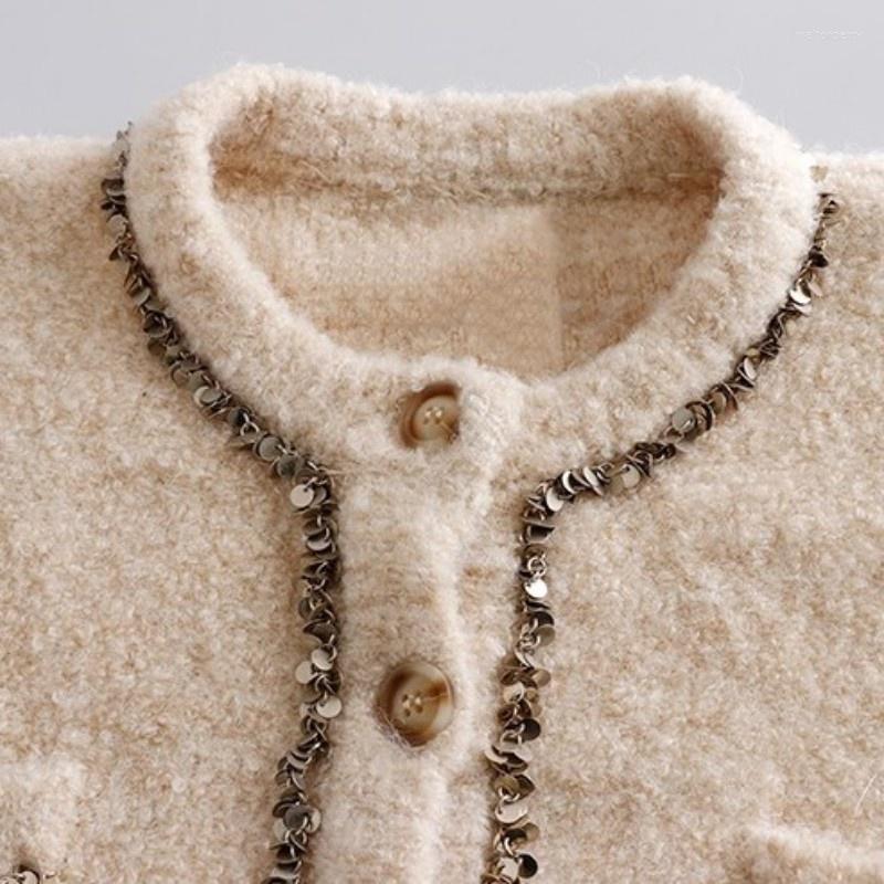 

Women's Knits & Tees Winter Autumn Single Breasted Sweater Short Coat Women Elegant Tops Fashion Sequins O-Neck Loose Sweet Knitting Cardiga, As picture