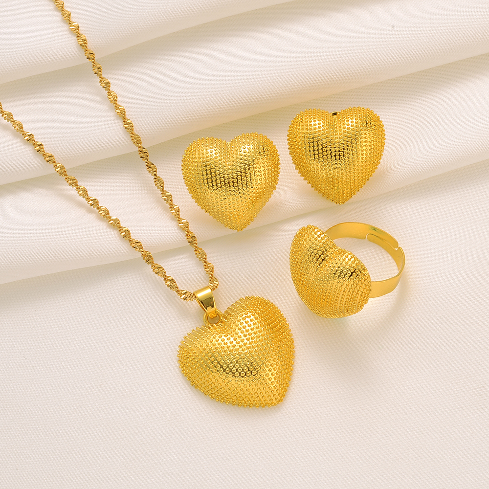 

18K Solid Fine Gold Filled Gold 3D Plump Heart Pendant Necklace Stud Earrings Ring Set Wedding Rani Haar Tikka, Golden