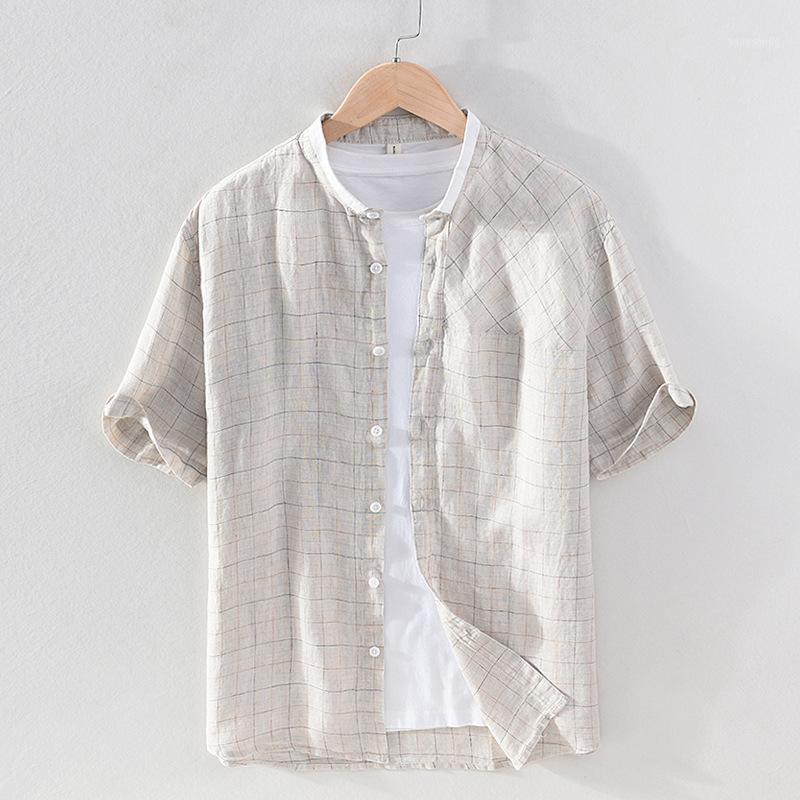 

Short Sleeve Men's Plaid Shirt Linen Fresh Casual Shirts, Apricot