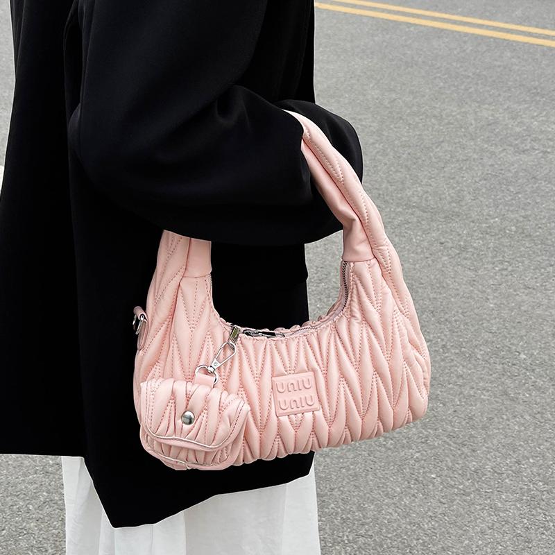 

Evening Bags Fashion Pleated Tote For Women Solid Color All-match Shoulder Underarm Elegant Soft Pu Leather Handbag 2022 Summer, Pink