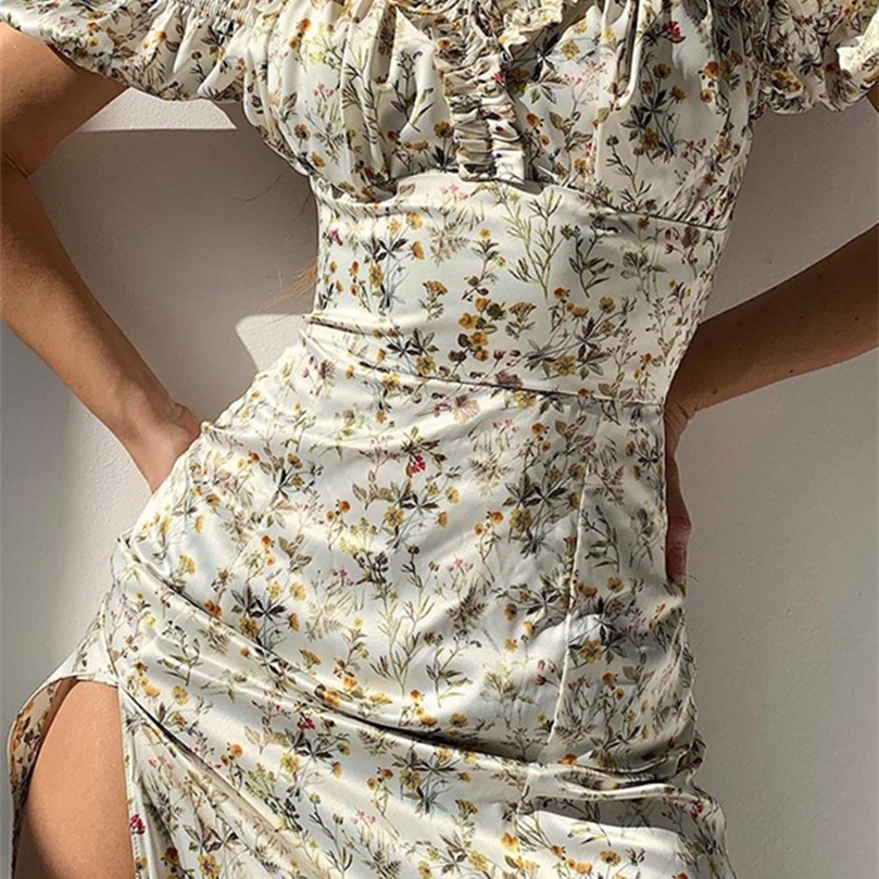 WannaThis Été Floral Hors Épaule Manches Bouffantes Maxi Robe Pour Femme Robe Sexy À Lacets Côté Split Chic Mi-mollet Robe Esthétique 220527