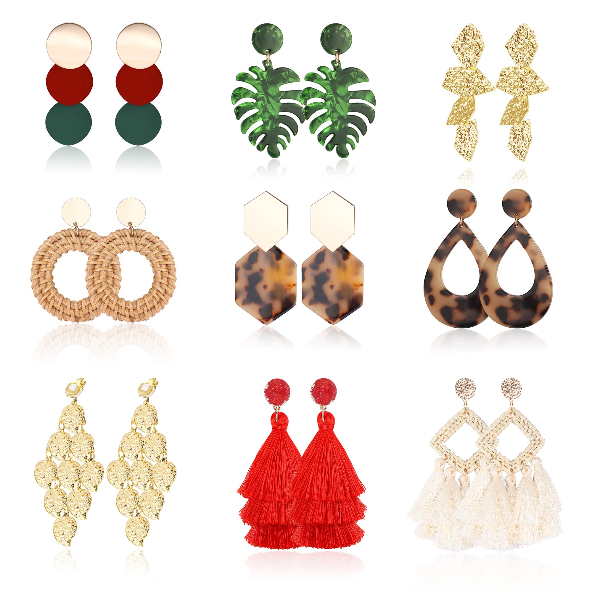 

Charm Jstyle 9pairs Clip On Drop Earrings For Women Girls Non Piercing Statement Rattan Resin Acrylic Dangle Lightweight Geometric Ta amKvo