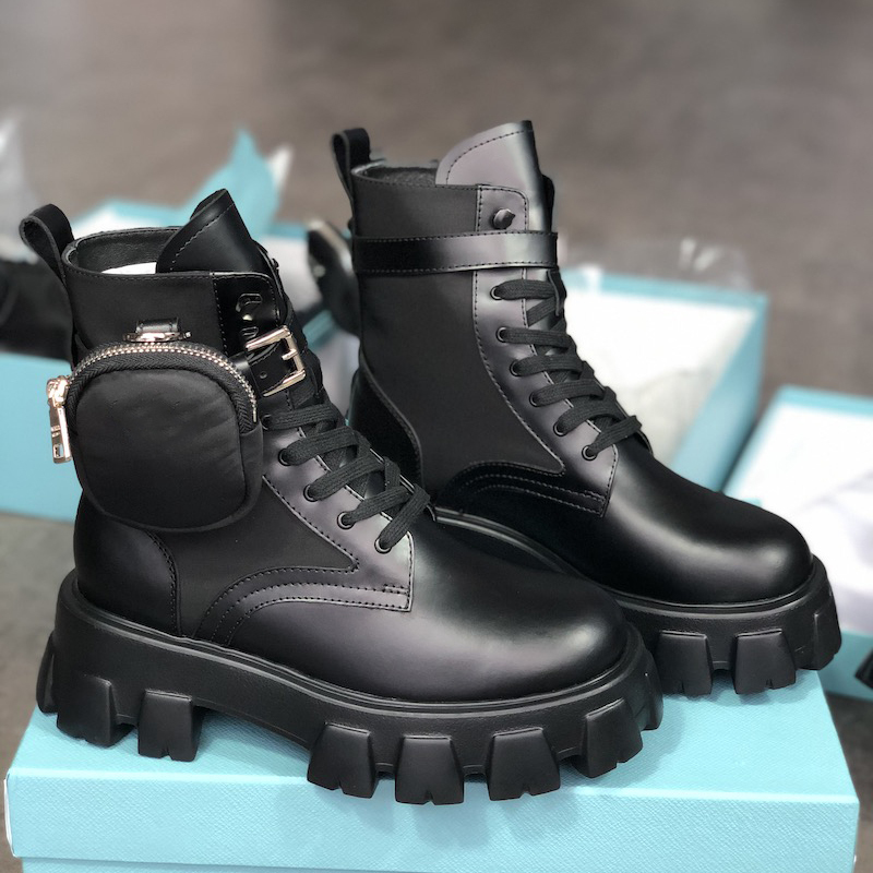 

New Women Rois Boots Nylon Derby Martin boots Top Quality Battle Leather Ankle Shoes Black Rubber Sole Platform Shoes Nylon Pouch With Box NO43, Color 4